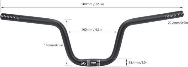 Fatbike Riser Stuur Zwaluwvormige 25,4 mm x 580 mm - afmetingen